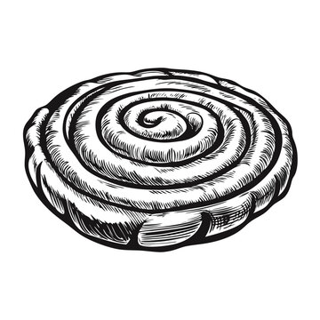 Ensaimada pastry illustration of a sweet spiral bun. Detailed ensaimada pastry drawing showcases its flaky layers and powdered sugar dusting, ideal for bakery menus and dessert promotions.