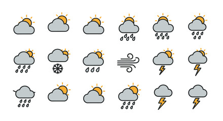 Obraz premium Weather Icons Set: Sunny, Cloudy, Rainy