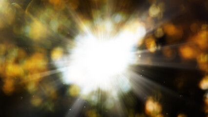 Rays of bright sun against bokeh background of yellow tree leaves and fine dust flying in the air. Beautiful abstract background.