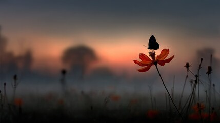 A butterfly rests on a vibrant flower at dawn.