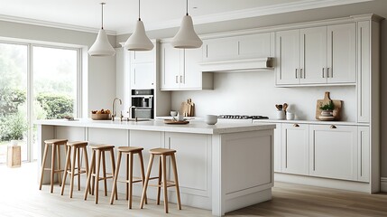 Contemporary kitchen with full matte white finishes, soft cloudy granite countertops, light driftwood island with bar stools, and bold conical pendant lighting.