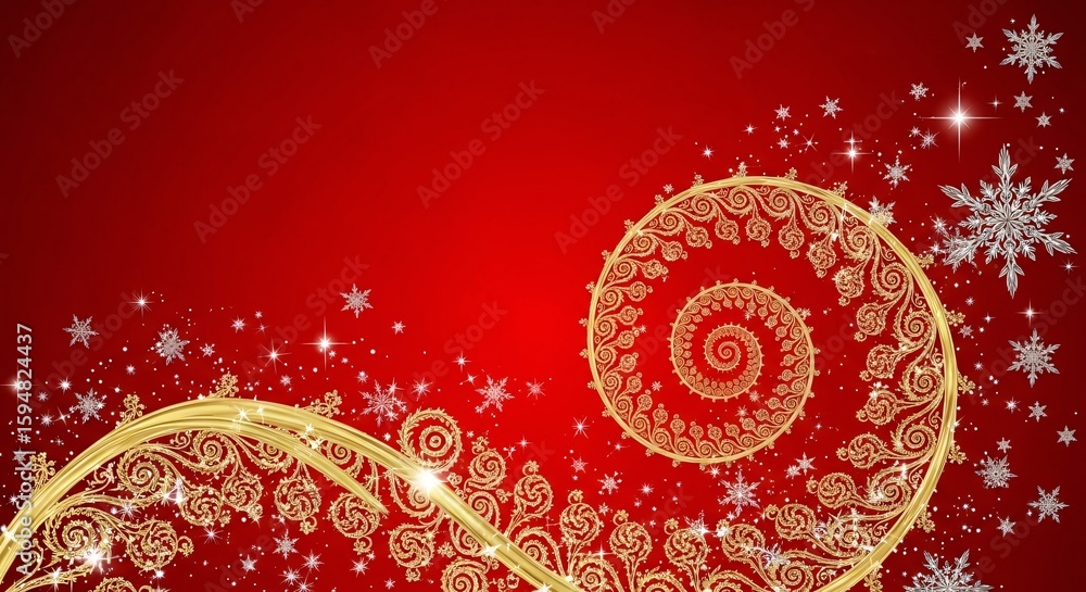 Poster elegant red and gold christmas background with ornate scrollwork and sparkling snowflakes.