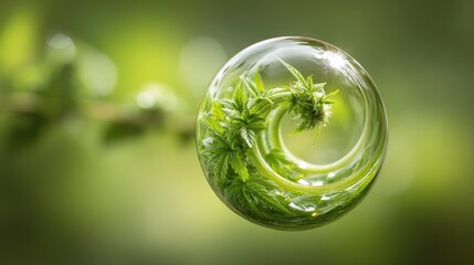 Fresh green leaves encased in a glass sphere.