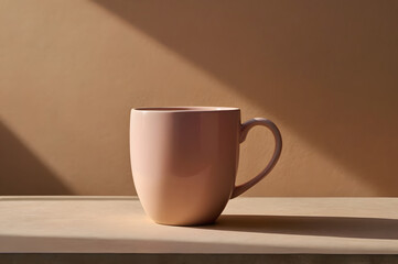 cup of coffee, neutral background, peach mug