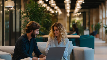 Couple collaborating on a laptop in a modern workspace during daylight hours