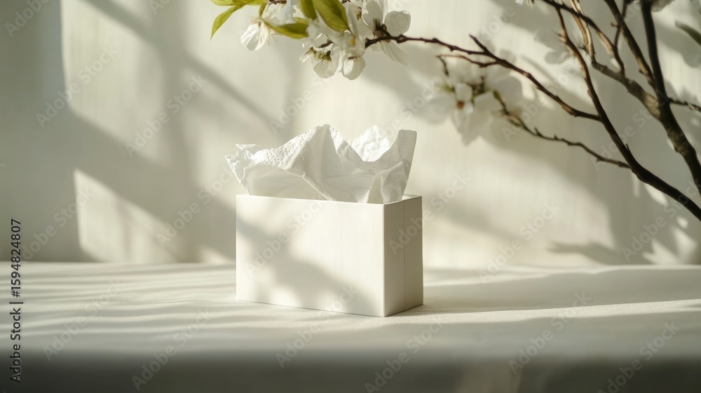 Poster white tissue box on table with blooming branch and sunlight shadows.