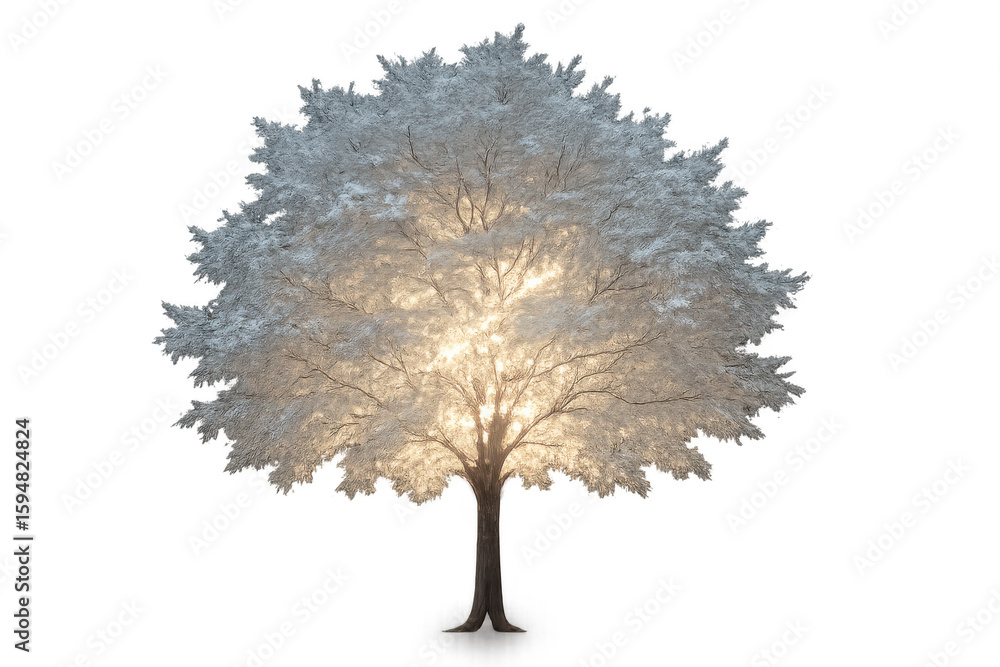 Poster sunlight filtering through snow-covered tree branches, winter landscape with soft luminosity against