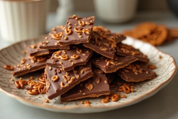 Pieces of chocolate pretzel bark on a plate.