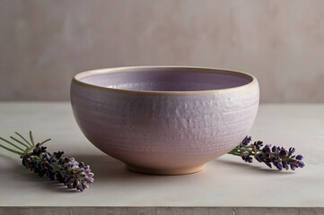 lavender ceramic bowl, lavender leaves on the table