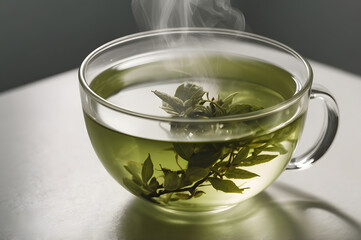 hot green tea in glass cup, leaves inside
