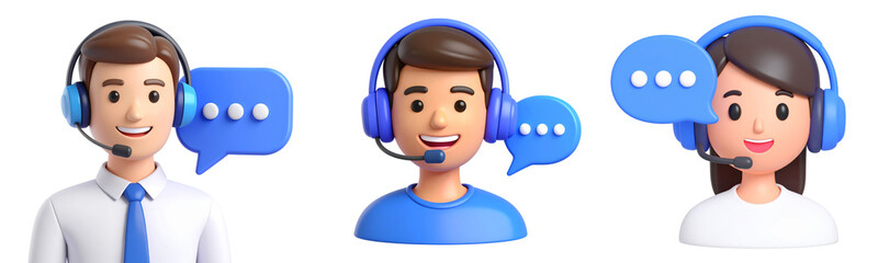 3d illustration customer service headset smiling communication support speech bubble call center teamwork professional friendly technology digital cartoon male female avatar business online