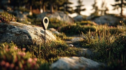 Wooden location marker nestled in a vibrant landscape scenery with warm light
