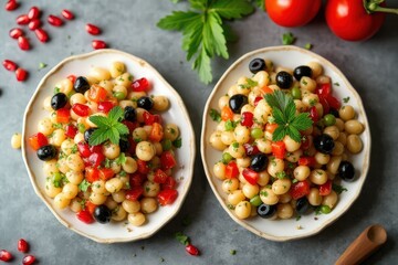 Two plates of cannellini bean salad with fennel- bell pepper- black olives- pomegranate seeds- mint and parsley