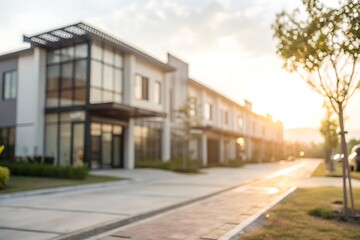 Modern Residential Building Complex with Stunning Evening Light and Soft Focus Effects