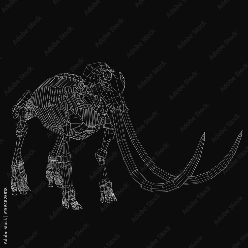 Poster a detailed 3d wireframe model of a woolly mammoth skeleton stands on a black background. the intrica