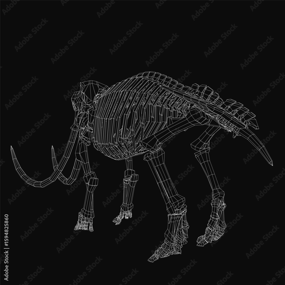 Poster a detailed 3d wireframe model of a woolly mammoth skeleton stands on a black background. the intrica