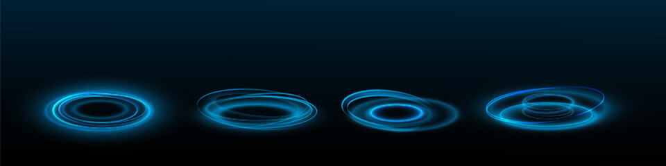Neon blue light circles on dark background. Futuristic hologram portal. Vector realistic illustration of round platforms. Magic tunnel.