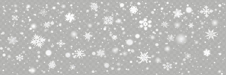 Snow and snowflakes on transparent background. Winter snowfall effect of falling white snow flakes and shining, New Year snowstorm or blizzard realistic backdrop. Christmas or Xmas holidays.