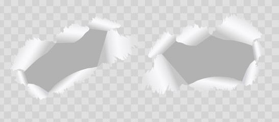 Ragged hole torn in ripped out piece of paper isolated on transparent background. Vector illustration