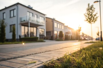 Modern residential neighborhood during sunset with warm lighting and beautiful sidewalks