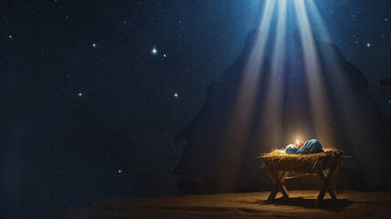 Christmas nativity scene of born child baby Jesus Christ in the manger with Joseph and Mary.illustration Christmas Nativity Scene banner background of baby Jesus in the Christmas with Mary and Joseph.