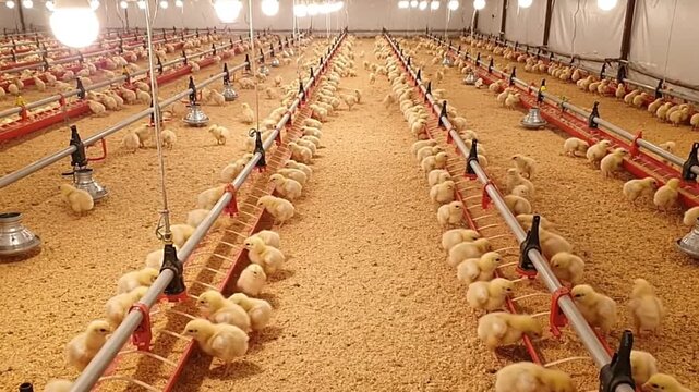 Numerous chicks congregate beside feeders in a spacious artificially lit poultry house filled with bedding material