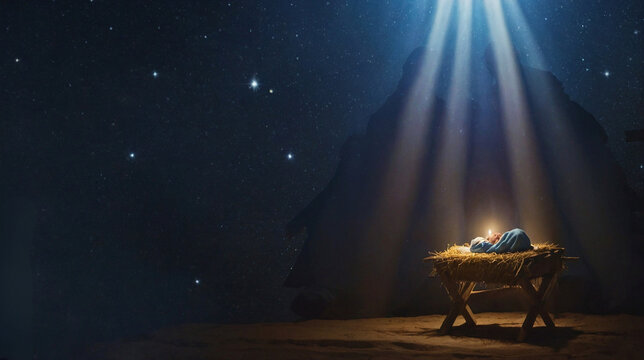 Christmas nativity scene of born child baby Jesus Christ in the manger with Joseph and Mary.illustration Christmas Nativity Scene banner background of baby Jesus in the Christmas with Mary and Joseph. - Powered by Adobe