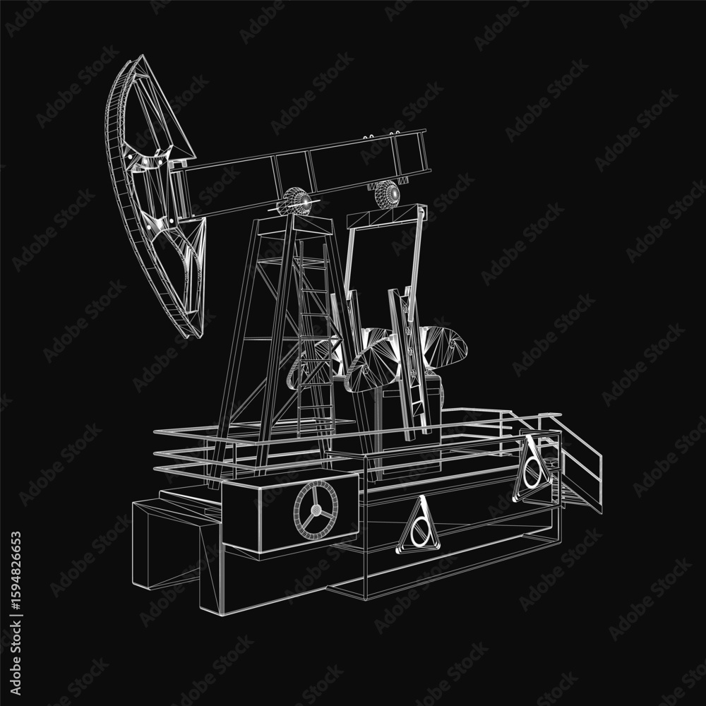 Poster a 3d wireframe model of an oil pump jack features intricate lines and curves on a black background. 