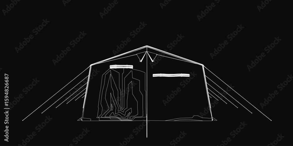 Poster a black and white contour drawing of a tent features a clean white outline against a dark background