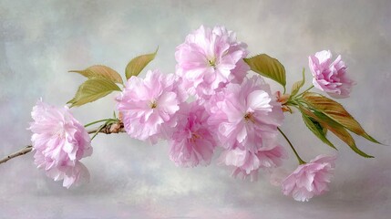 Obraz premium Delicate pink blossoms on a branch against a soft backdrop.