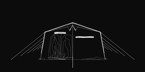 A black and white contour drawing of a tent features a clean white outline against a dark background for a stark minimalist effect. The simple design has no additional details, creating a bold.