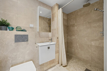 Modern bathroom interior in minimal scandinavian style, 3d render