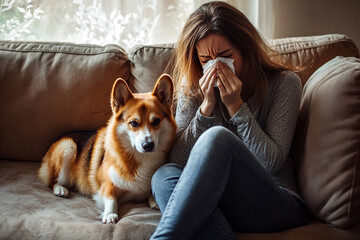 Woman sitting with dog at home. Animal allergy