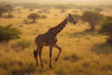 Aerial view of a giraffe giraffa camelopardalis walking, botswana.