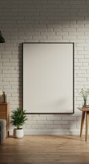Interior scene featuring a blank framed poster leaning against a white brick wall, with furniture and plants adding to the room's decor.