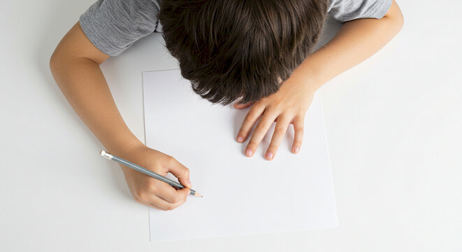 Young boy writing with pencil on blank paper at white table  