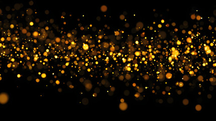 falling gold confetti overlay on dark black background, sparkling effect overlay for event designs, celebration or holiday atmosphere with glowing glitter, festive background for parties