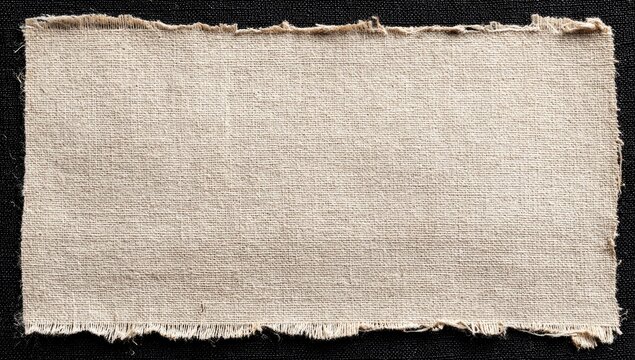 Beige fabric piece with frayed edges on black