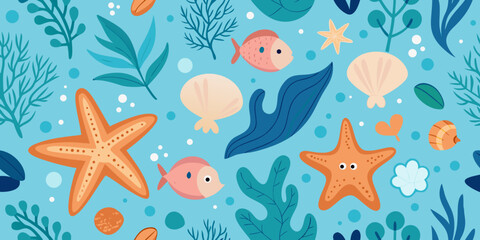 Seamless pattern with sea life elements, including starfish, shells, fish and aquatic plants
