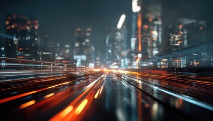 Blurry city street at night, motion blur of lights