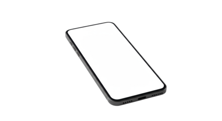 Modern smartphone with blank transparent screen, display notch, minimalist black frame, rounded corners, isolated on a transparent seamless background with copy space, concept for digital advertising