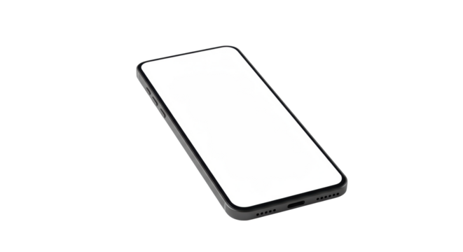 Modern smartphone with blank transparent screen, display notch, minimalist black frame, rounded corners, isolated on a transparent seamless background with copy space, concept for digital advertising