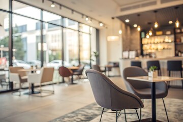Fototapeta premium Modern and Cozy Cafe Interior with Stylish Seating and Bright Natural Light Streaming In