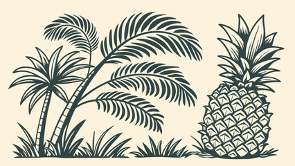 Fototapeta premium Highly detailed vintage tropical island illustration featuring elegant palm trees, lush exotic foliage, and a beautifully rendered pineapple in a classic engraved retro style.