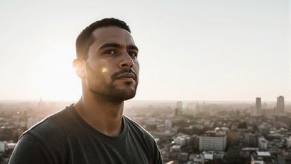 A close-up profile shot of a young Hispanic man with short hair and a mustache, looking out over a vast cityscape under a bright, fading evening light.