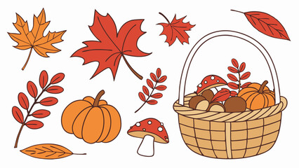 Autumn Fall Harvest Vector Illustration Set with Colorful Leaves Pumpkins Mushrooms and a Wicker Basket Clipart Collection