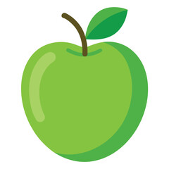 Clean vector illustration of a fresh green apple with a visible stem and a single detailed leaf presented in a side profile view