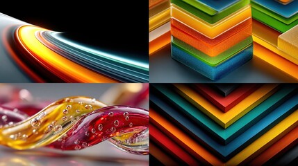 A digital artwork collage featuring four vibrant abstract images a glowing circular swirl, stacked colorful chevron shapes, a translucent glass spiral with bubbles, and layered angled rectangles