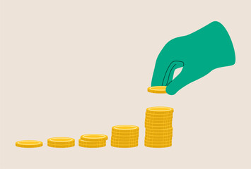 Saving money concept, hand put money into piggy bank. Colorful vector illustration