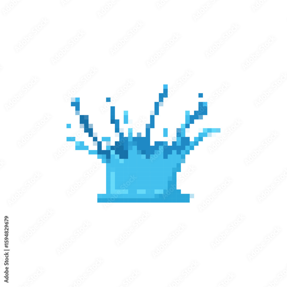 Poster mosaic pixel water splash icon in vibrant blue, resembling an abstract shape with dynamic style.